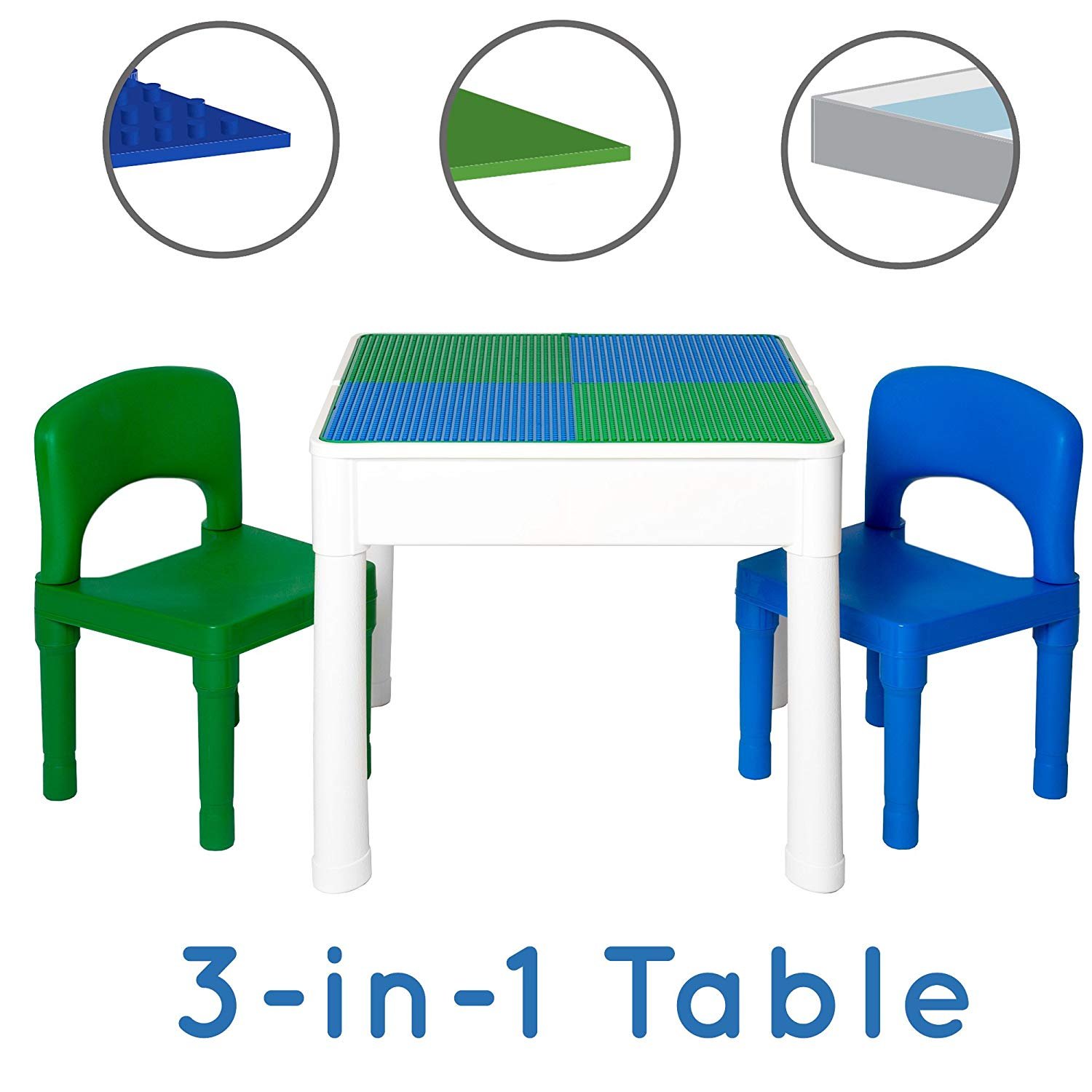 Play Platoon Kids Activity Table Set - 3 in 1 Water Table, Craft Table and Building Brick Table with Storage - Includes 2 Chairs and 25 Jumbo Bricks - Blue and Green