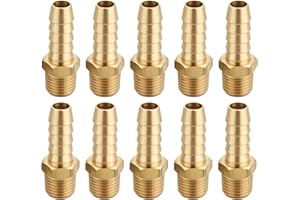 T TANYA HARDWARE 3/8 Inch Hose Barb to 1/4 Inch NPT Male Thread Brass Air Hose Barb Fittings, Brass Barbed Air Hose Repair Connector, (10 Piece)