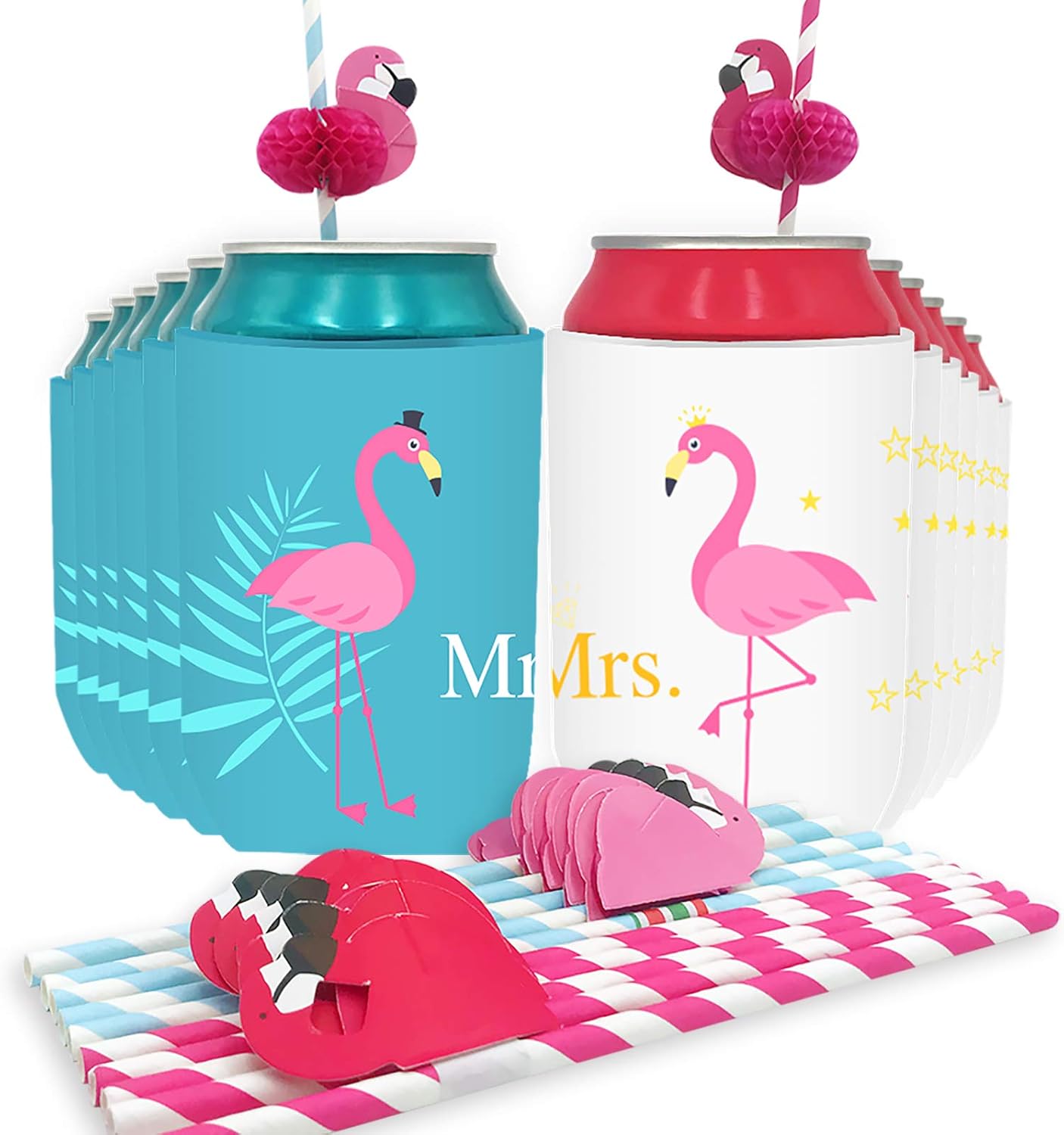 Flamingo Party Supplies Neoprene Can Coolers Sleeves, 12PCS beer coolies for cans end 12PCS Flamingo Straws for BBQ,Weddings,parties