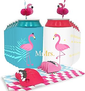 Flamingo Party Supplies Neoprene Can Coolers Sleeves, 12PCS beer coolies for cans end 12PCS Flamingo Straws for BBQ,Weddings,parties
