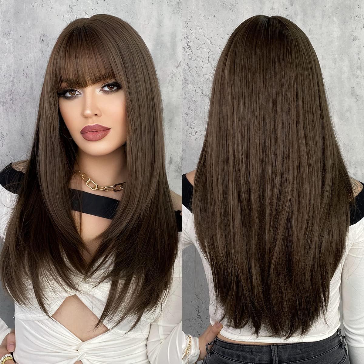 PORSMEER Long Dark Brown Wigs for Women,Layered Straight Synthetic Heat Resistant Hair Wig with Fringe for Ladies Party Halloween Facny Dress Costume Anime — image 1
