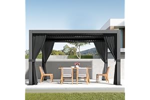 LVUYOYO Louvered Pergola 10' x 13', Outdoor Pergola with Adjustable Roof, Aluminum Frame Pergola with Curtains and Netting, Hardtop Metal Gazebo for Patio, Backyard, Garden, Deck (Black)