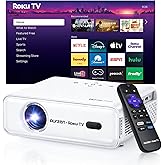 Aurzen Roku TV Smart Projector with Wifi and Bluetooth, Roku Streaming Experience Built-in, 1080P FHD, Dolby Audio, Auto Focus & Keystone, Zoom, Movie Portable Outdoor Mini Projector, White