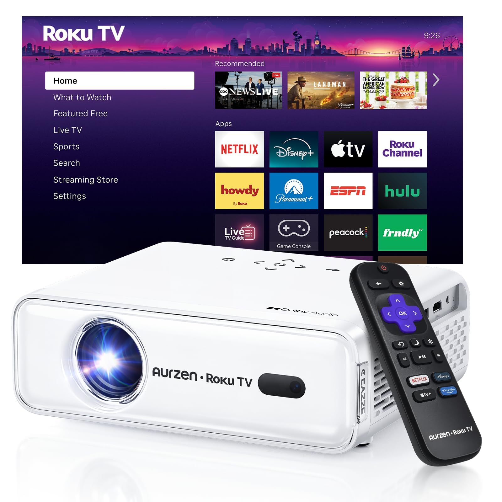 Aurzen Roku TV Smart Projector with Wifi and Bluetooth, Roku Streaming Experience Built-in, 1080P FHD, Dolby Audio, Auto Focus & Keystone, Zoom, Movie Portable Outdoor Mini Projector, White