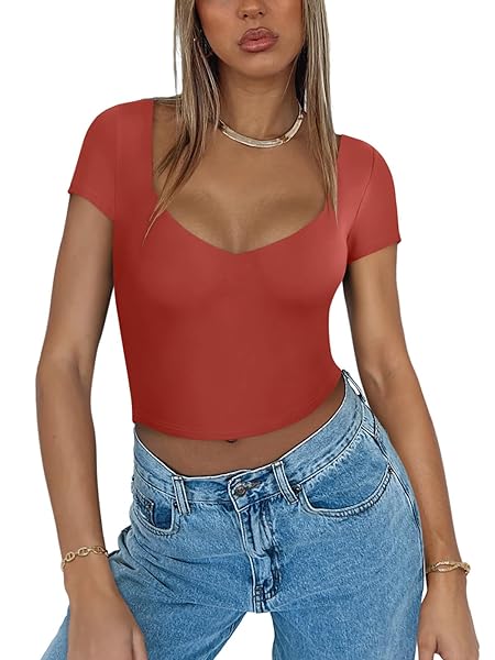 REORIA WOMEN’S TRENDY SEXY V NECK SHORT SLEEVE DOUBLE LINED SLIMMING T SHIRTS CROP TOPS TEES, RUSTY RED, MEDIUM