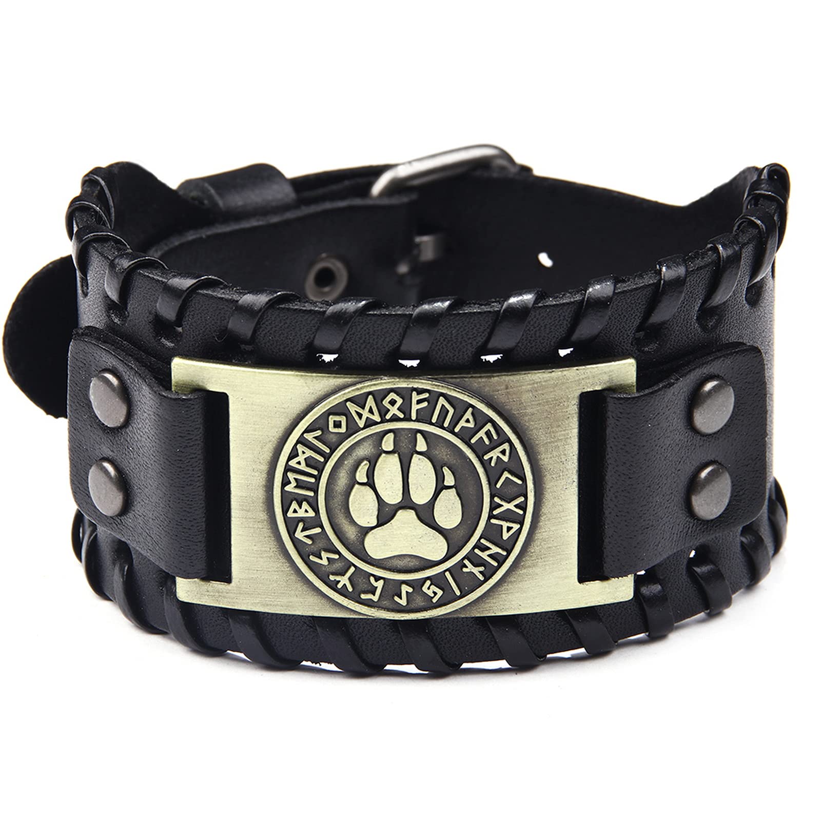 Thajaling Genuine Leather Bracelet Wolf Claw Pattern Wide Wristband Cuff Bangle Vintage Titanium Mens Bracelet