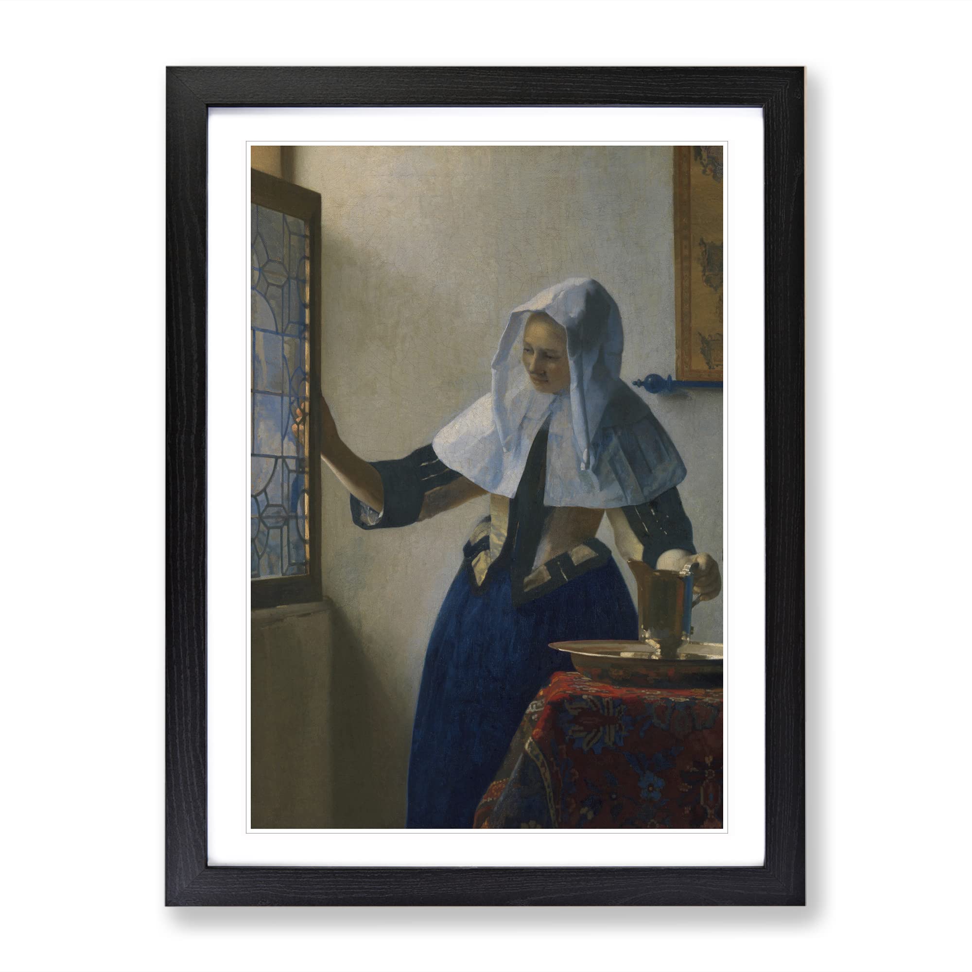Young Woman With A Water Pitcher By Johannes Vermeer Classic Painting Framed Wall Art Print, Ready to Hang Picture for Living Room Bedroom Home Office Décor, Black A4 (34 x 25 cm)
