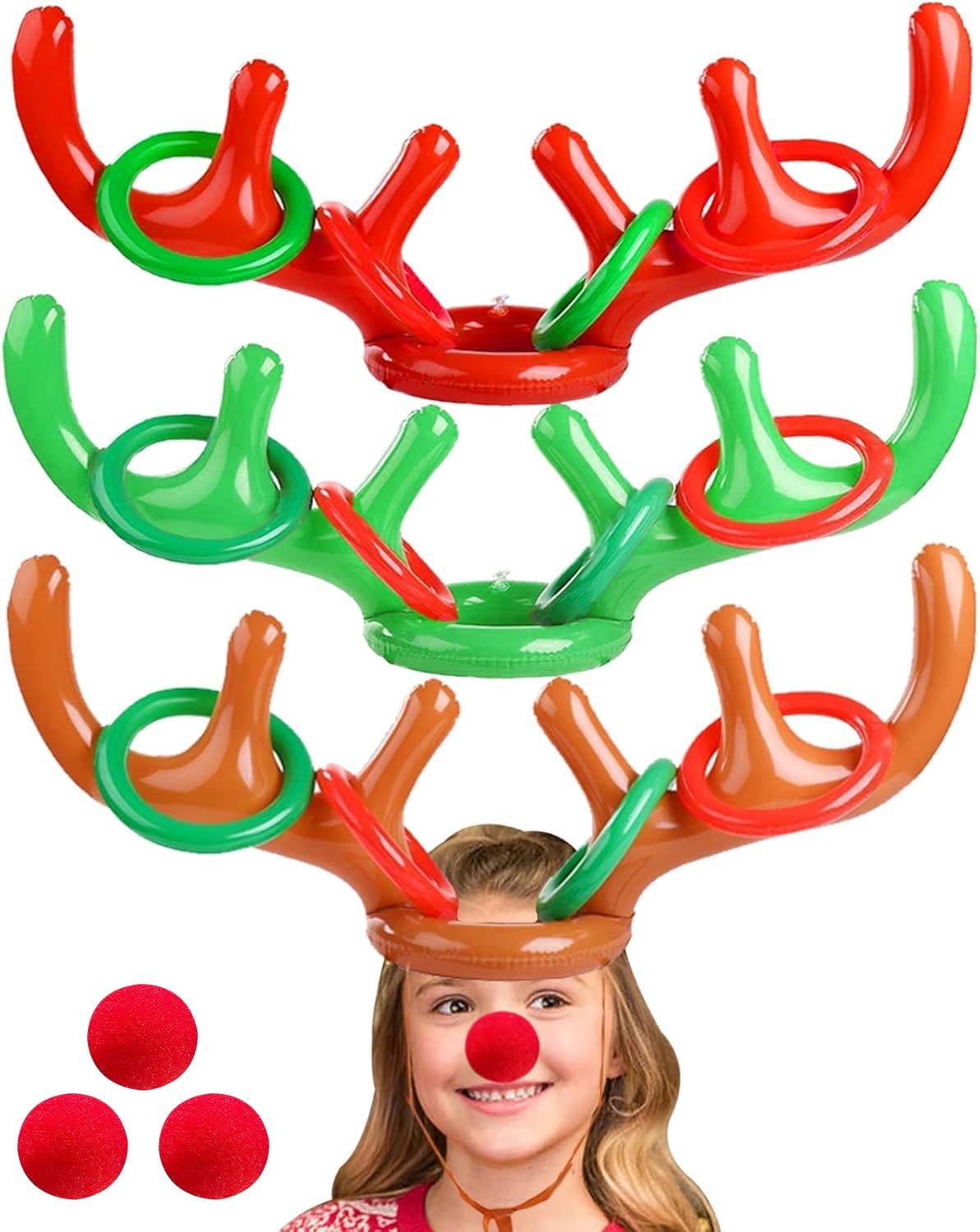Photo 1 of 18 Pieces Inflatable Reindeer Antler Ring Toss Christmas Games 2 Colors Antler Hats Christmas Party decorations for Kids Adults Family Xmas Carnival Party Toys(3 Antler Hat, 12 Rings, 3 Reindeer Nose)