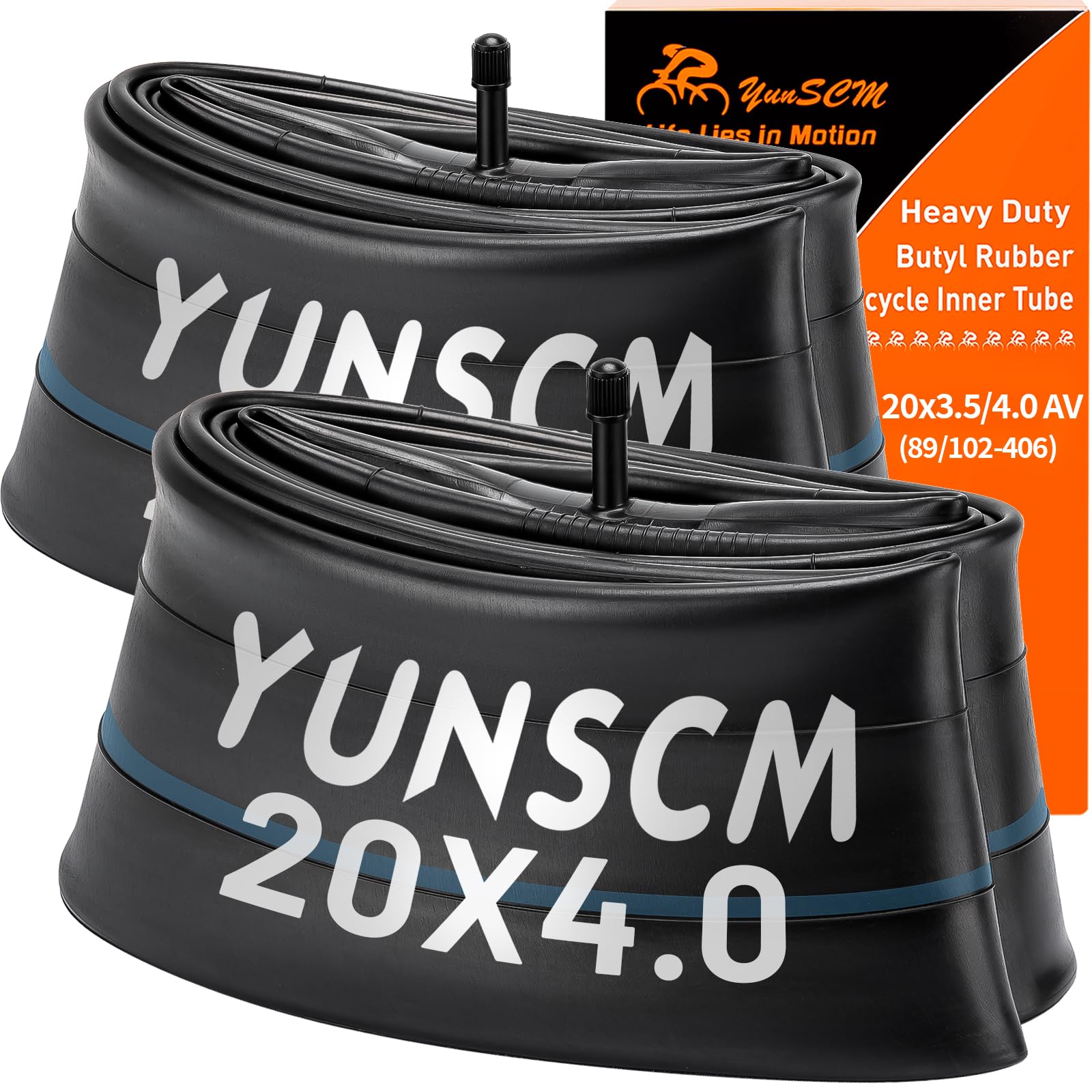 Photo 1 of YUNSCM 2-PCS 20x4 Heavy Duty Fat Tire Tubes Schrader Valve Premium Butyl Rubber 20 Bike Tubes Compatible with 20x3.5/4.0 89/102-406 E-Bike/Mountain Bike/Street Bike Bicycle Tire Tubes