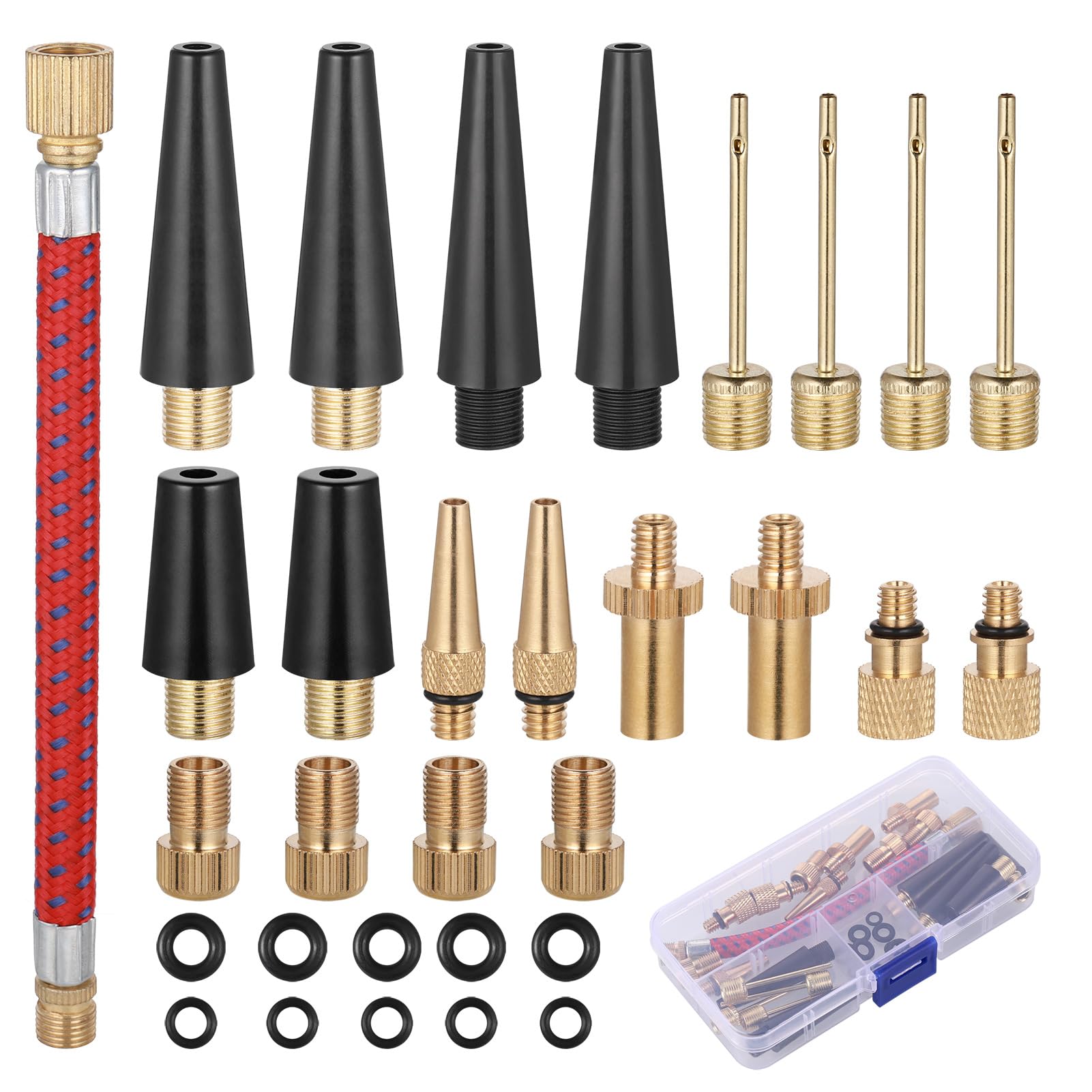 Hejo 33 PCS Bike Valve Pump Adaptor Set, Pure Copper Bicycle Valve Adapter DV/AV/SV, Bicycle Air Pump Inflation Needle Nozzle Kit for Converter Set for Balls/Bikes