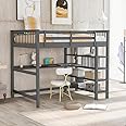 Merax Full Size Loft Bed with Desk and Storage Book Shelves, Wooden Full High Loft Bed Frame with Guard Rail and 14 Slats, No Box Spring Needed,52 inch Underbed Clearance, Grey