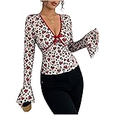 Floerns Women's Y2K Leopard Print Bell Long Sleeve T Shirt Tie Knot V Neck Fitted Tee Tops