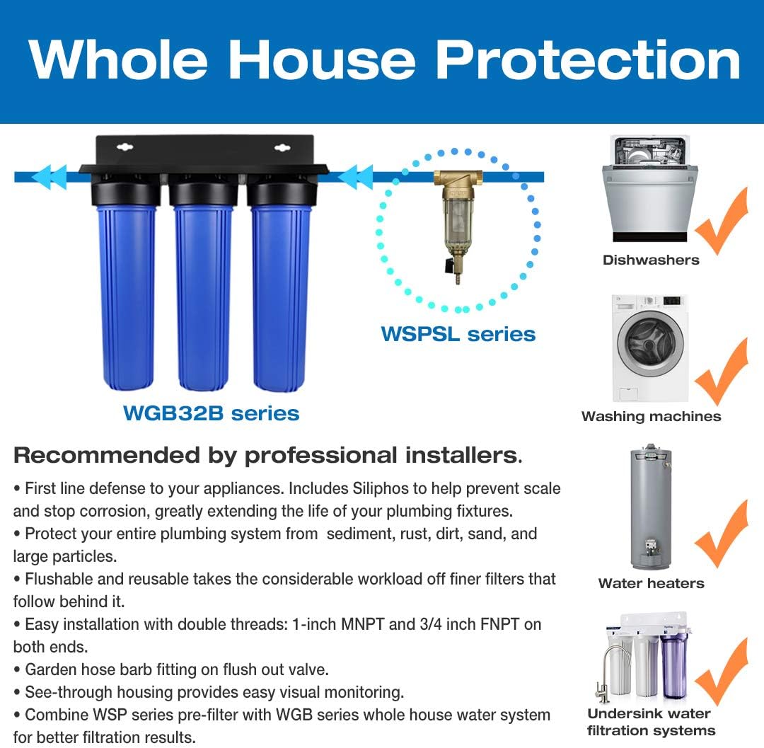 iSpring WSP-50SL Reusable Whole House Spin Down Sediment Water Filter with Siliphos, Multiple Micron Sizes, 20 GPM, 1" MNPT + 3/4" FNPT, 50 - - 
