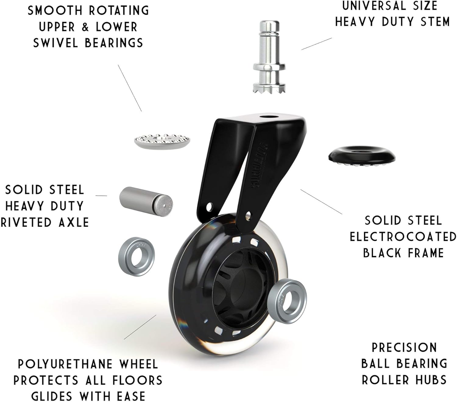 SunnieDog Ergonomic Office Chair Wheels Roll Just As Smooth On Day 1000 As They Did On Day 1 - Heavy Duty Protection for Hardwood & Tile Floors Without Mat - Roller Blade Style w/Universal Fit- Black: Kitchen & Dining