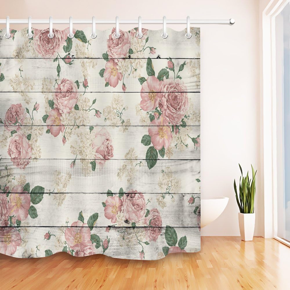 LB Pink Flower on Rustic Wood Panel Shower Curtain for Bathroom by