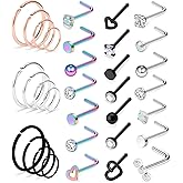 Ocptiy 18G 20G 22G Nose Rings Hoops 316L Stainless Steel L Shaped Nose Rings Studs Nostril Piercings Jewelry for Women Men Silver Rose Gold Black Rainbow