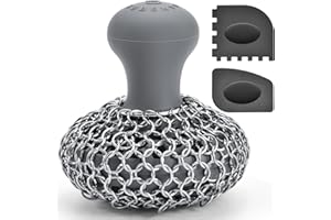 SUBEKYU Cast Iron Scrubber Kit, Stainless Steel Cast Iron Skillet Cleaner, Chainmail Scrubber with Scraper Tool for Cast Iron Pans/Grill Nets/Sinks, Grey, 1 Set