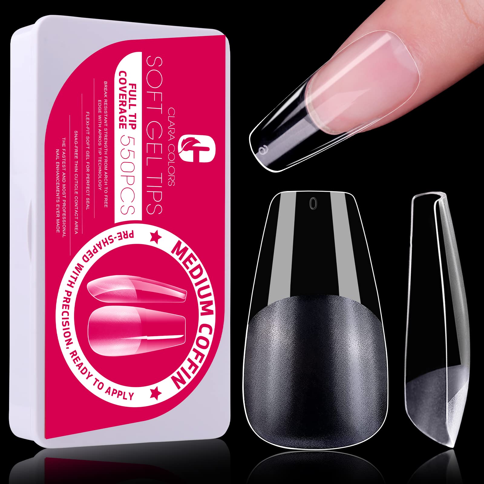 Clara Colors False Nail Tips,Medium Coffin Nail Tips,No File Soft Gel Full Cover Coffin Nail Tips 550pcs Half Matte Clear Nail Gel Tips Kit for Soak Off Nail Extensions Kit,11 Sizes