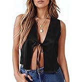 Tankaneo Womens Tie Front Tank Tops Summer V Neck Satin Sleeveless Club Sexy Y2K Cami Crop Tops