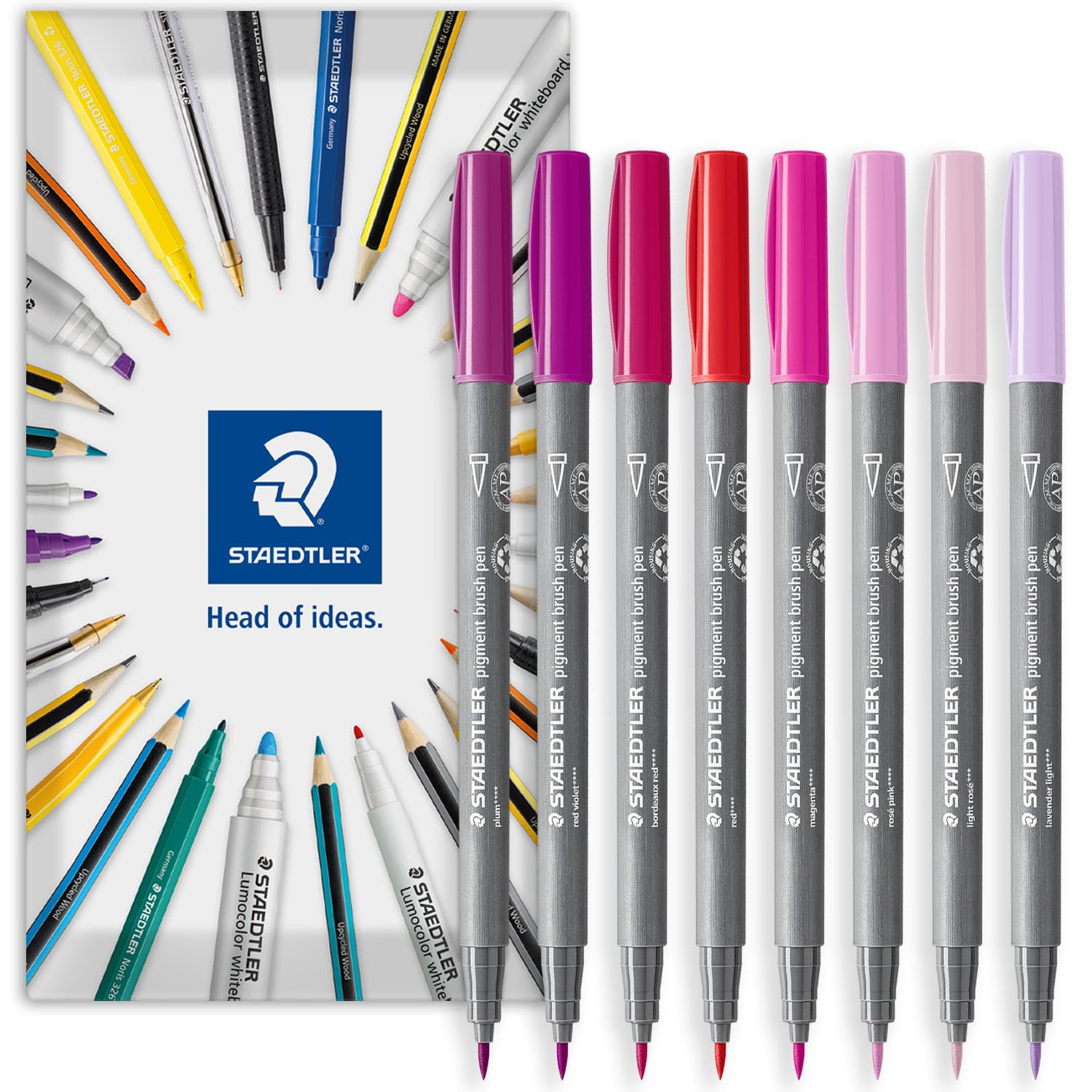 STAEDTLER 371 Pigment Brush Pens | Pigment Arts | Adult Colouring Fibre-Tip Colouring Pen | Medium-Firm Nylon Brush Tip Nib (Pink Wallet of 8)
