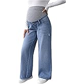MakeMeChic Women's Maternity Jeans Rib Knitted Straight Leg Pregnancy Denim Pants