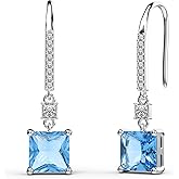 18K White Gold Plated Sterling Silver Square Princess Cut Cubic Zirconia Dangle Earrings for Women Square CZ Diamond Drop Dangling Earrings for Women Mom Hypoallergenic (Aquamarine)