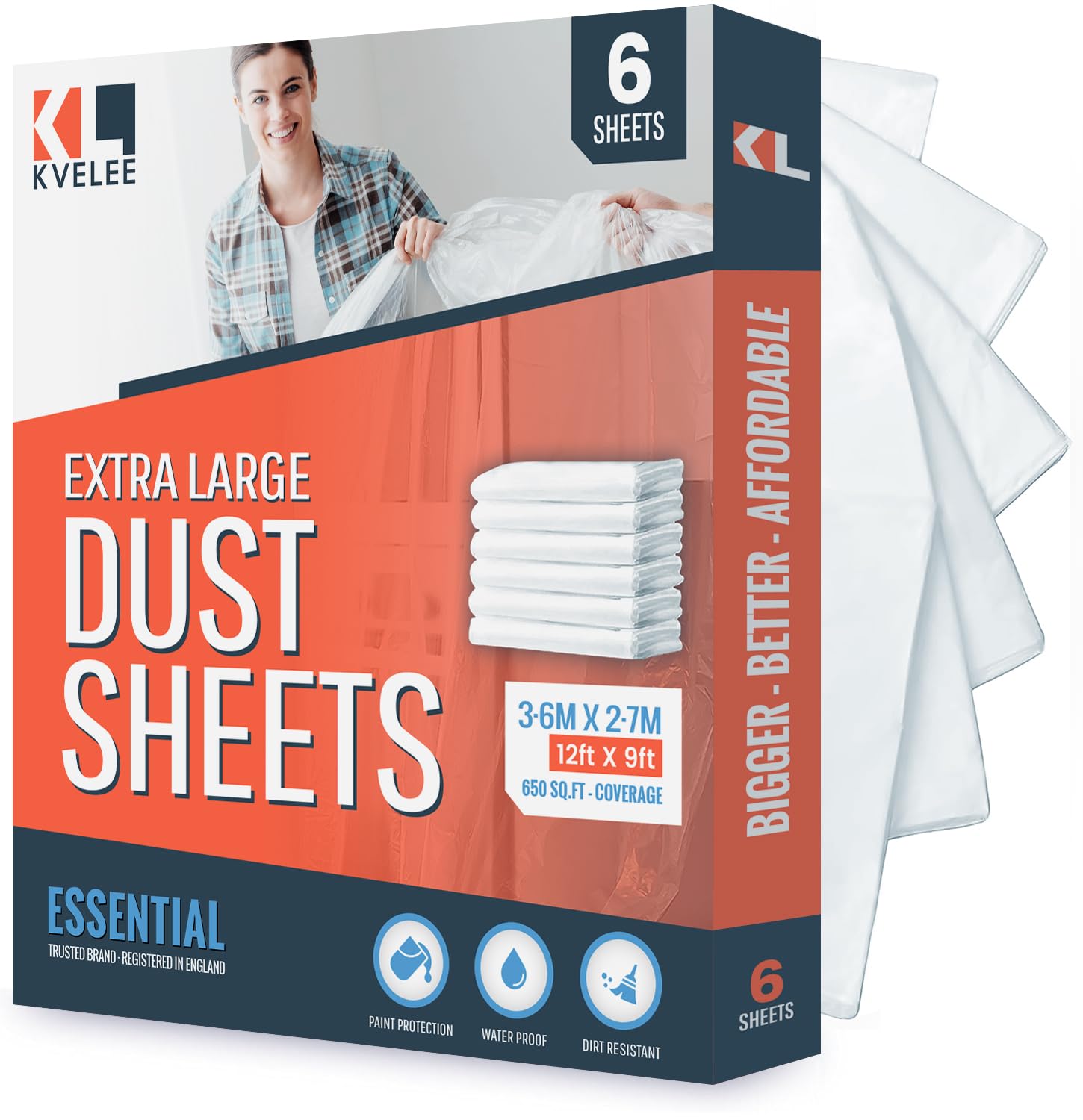 KVELEE - Pack of 6 Extra Large Plastic Dust Sheets for Decorating | Size 3.6 x 2.7m (12 x 9ft) | Dust Sheets for Painting & Covering Furniture | Plastic Sheeting for Floor Protection & Dust Cover