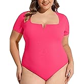 FOREYOND Plus Size Bodysuits for Women Short Sleeves Square Neck Body Suit Tops Casual Basic Slim Fit Shirts Leotards