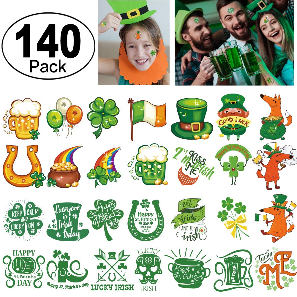St. Patrick's Day Tattoos 140pcs Temporary Shamrock Tattoos 28 Designs for St. Paddy's day Parade Party Favors Decorations