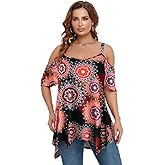 LARACE Cold Shoulder Tops for Womens Summer Clothes Spaghetti Strape Tunic Oversized Shirts Asymmetrical Plus Size Blouse