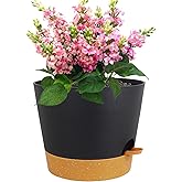Meowell 12 inch Large Self Watering Pots, Plant Pots with Mesh Drainage Holes for Indoor Outdoor Plants, Plastic Planters with Deep Reservoir for Garden House Flower Plants, Black with Brown