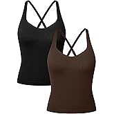 OQQ V Neck Cross Back Sports Bra for Women Padded Adjustable Straps Medium Impact Gym Workout Tank Top 2 Pack