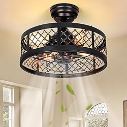 MOBEYU 16.5" Caged Ceiling Fan with Light,Rustic