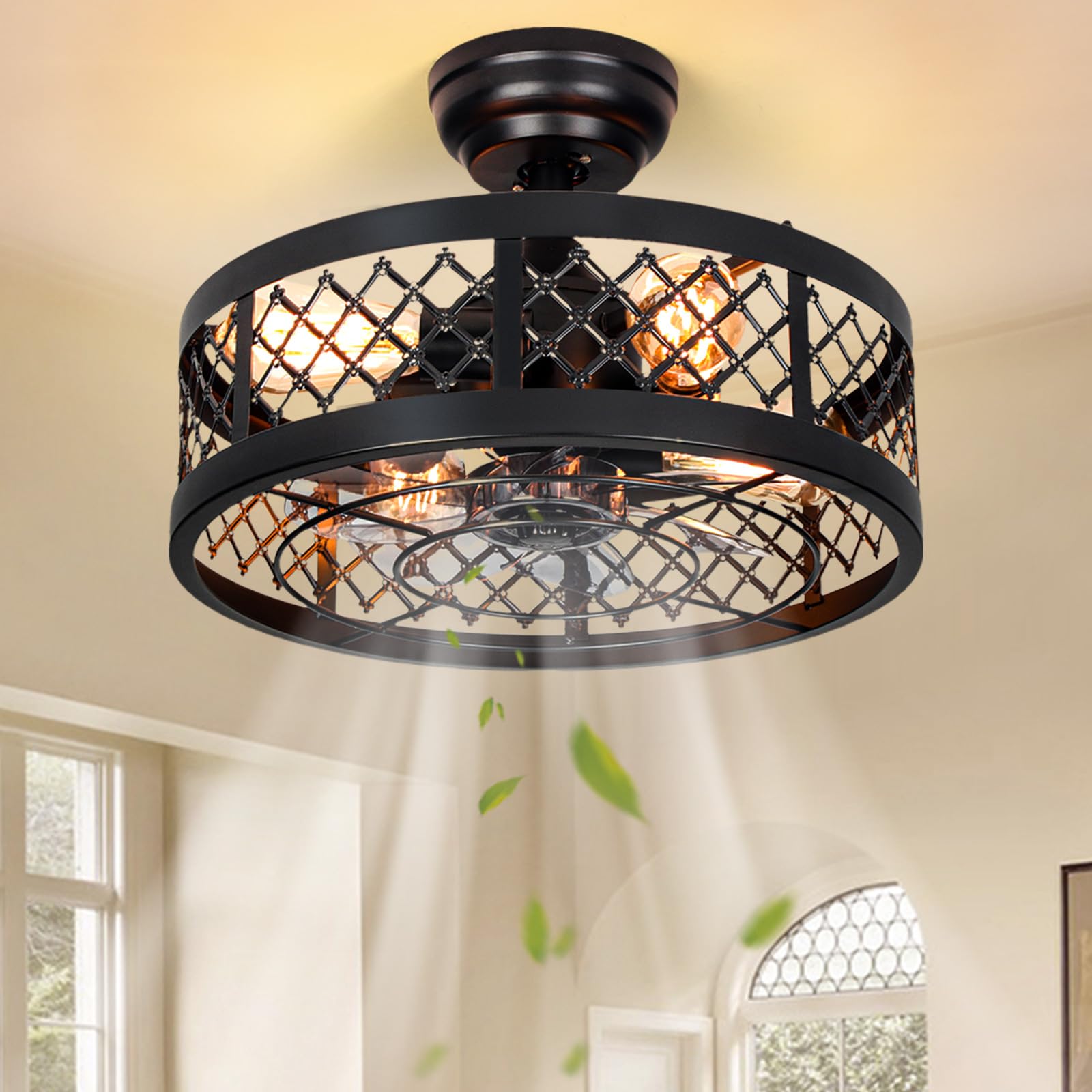 MOBEYU 16.5" Caged Ceiling Fan with Light,Rustic