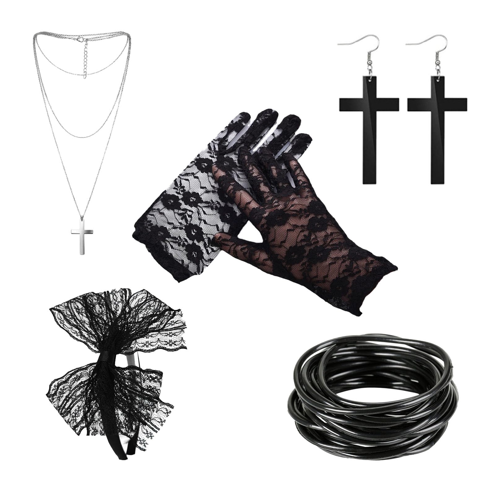 AWAVM 5Pcs Ladies 80s Accessories: Lace Headband, Earrings, Fishnet Gloves, Retro Party Necklace & Bracelets for Women's 1980s Retro Costume