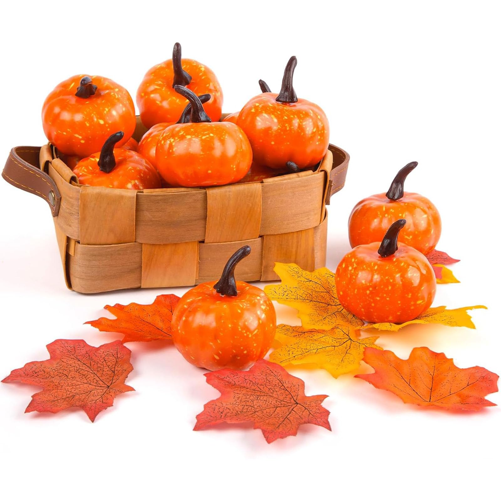DomeStar 12 Pack Mini Artificial Pumpkins with 30 Realistic Maple Leaves and Artificial Vegetables for Halloween, Thanksgiving, Autumn