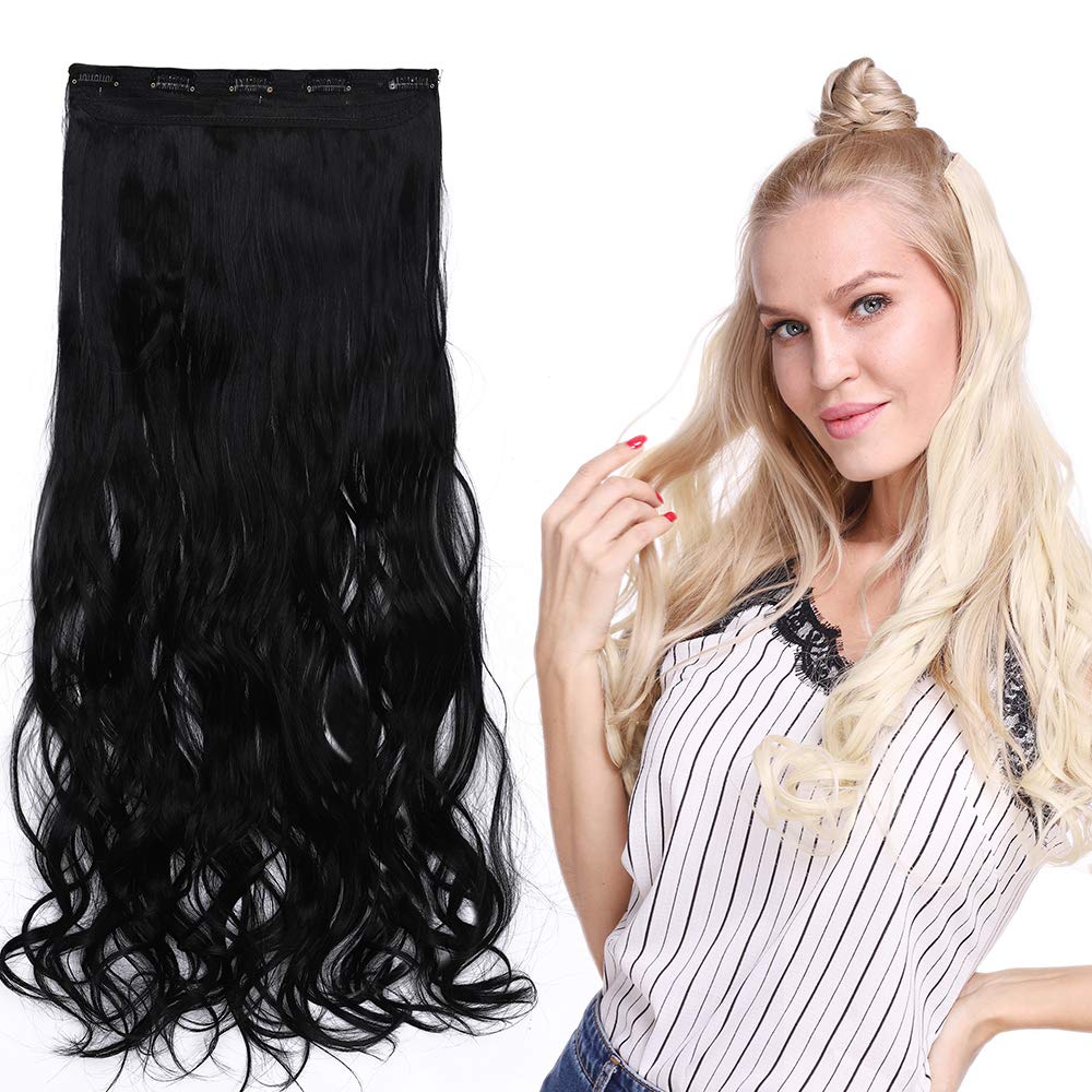 Silk-co 27 inch One Piece Clip in Hair Extensions Curly Jet BlackHairpiece Synthetic Half Head Heat Resistant — image 1