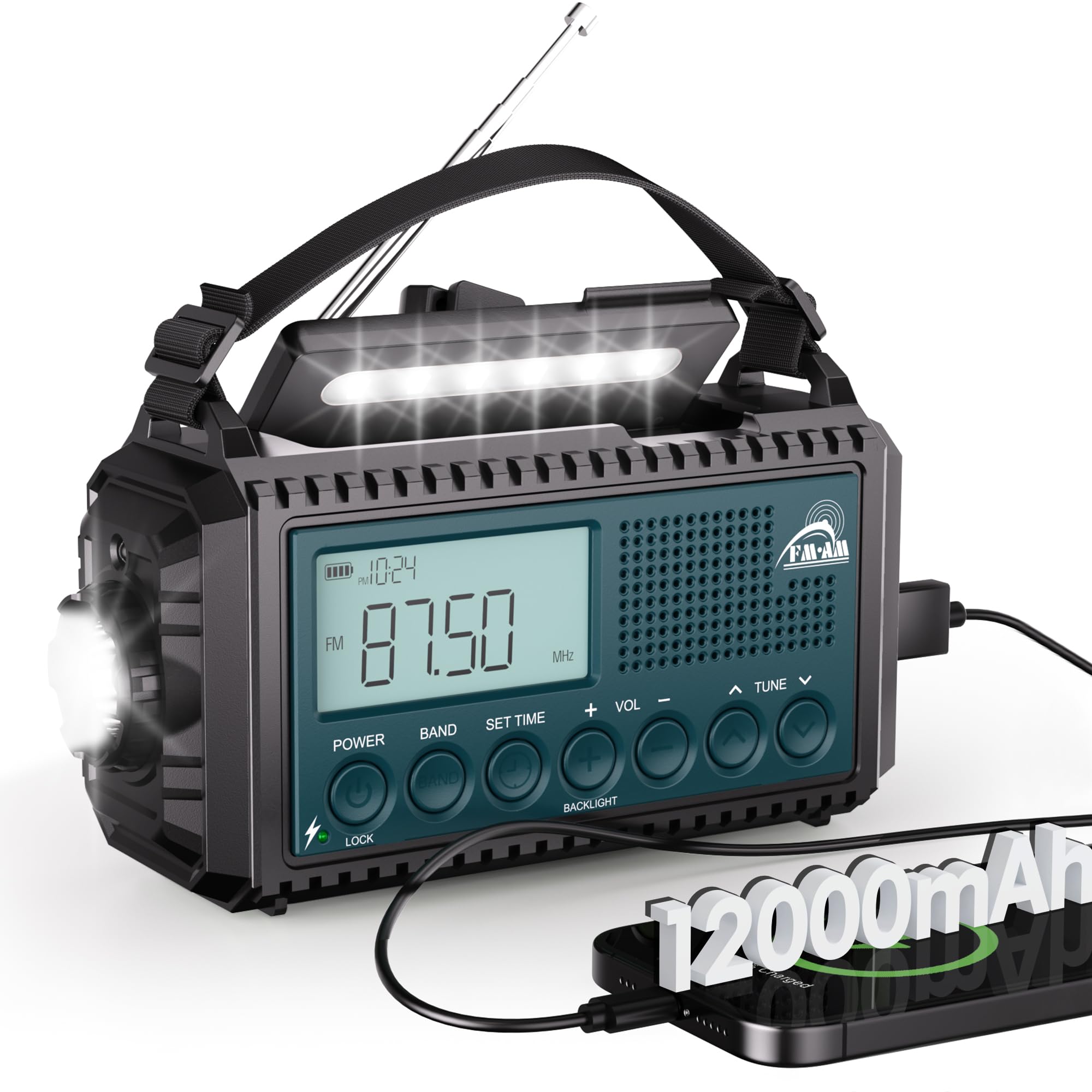 Mesqool 12000mAh Portable Wind Up Radio with Phone Charger, Solar Radio with Rechargeable Emergency Radio with Flashlight Reading Lamp and SOS Alarm for Camping Hiking