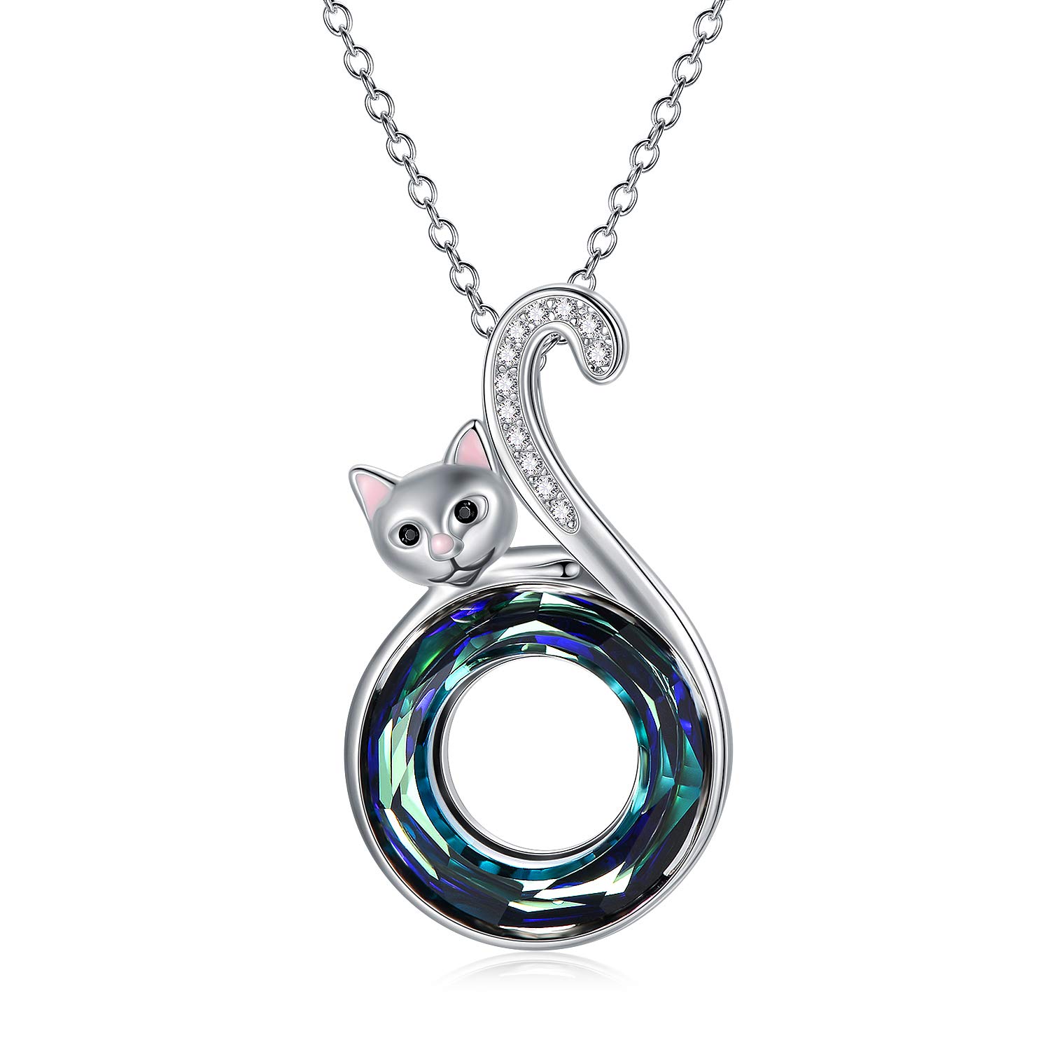 AOBOCO Cat Pendant Necklace, Sterling Silver Cat Jewellery Gift for Women