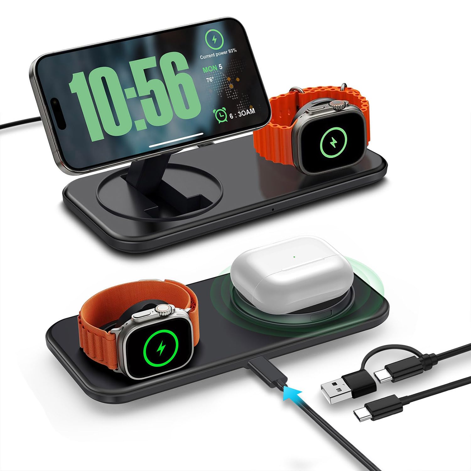 Photo 1 of 2 in 1 Wireless Charging Station for Mag-Safe, Magnetic Wireless Charger Pad 15W Fast Charge for iPhone 17 Pro Max/17 Air/16/16 Plus/15/14/13/12,AirPods Pro 3,Apple Watch Series,Black