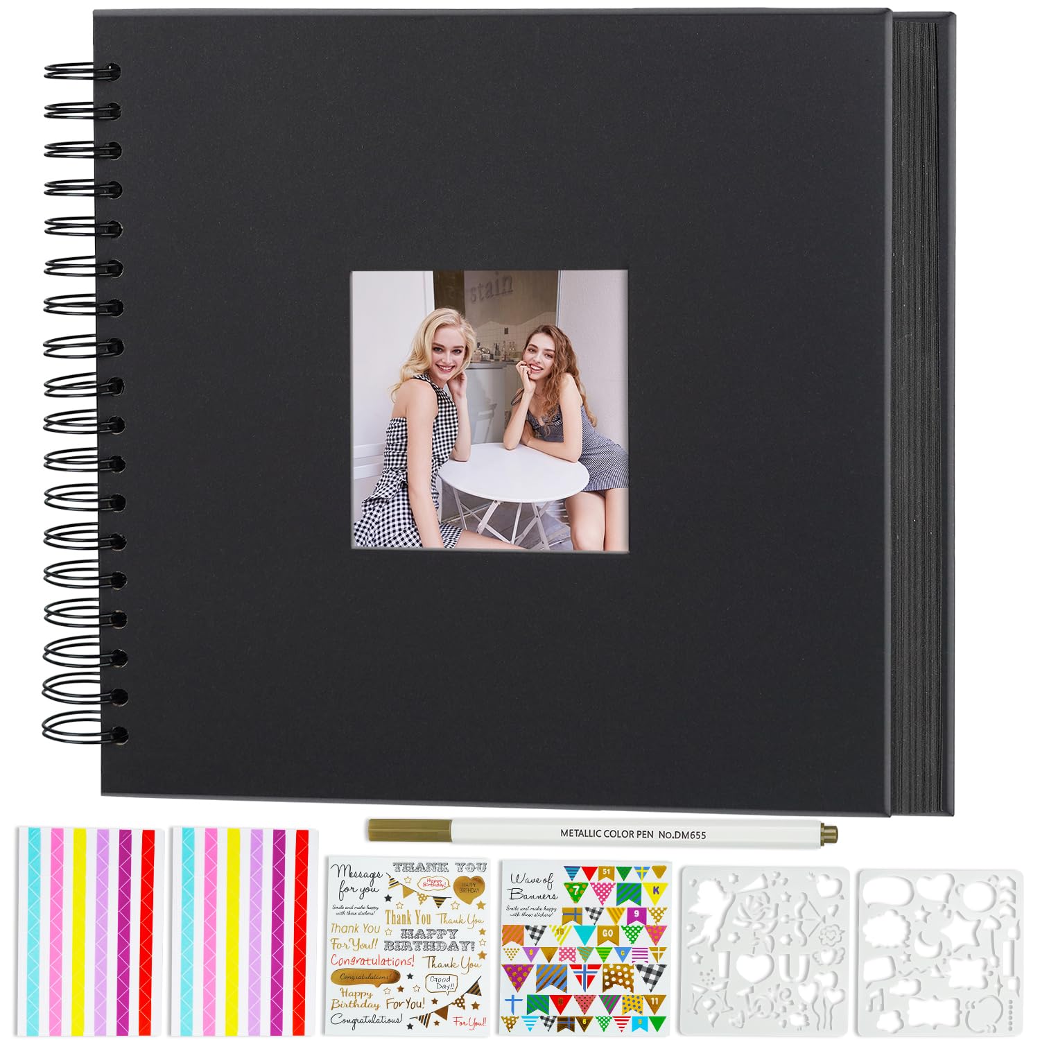 Miaikoe 20.5x20.5 cm DIY Scrapbook Album with Window Hardcover Kraft Blank Paper Scrap Book with 20 Sheets Photo Album for Guest Book, Family Wedding Anniversary (Black)