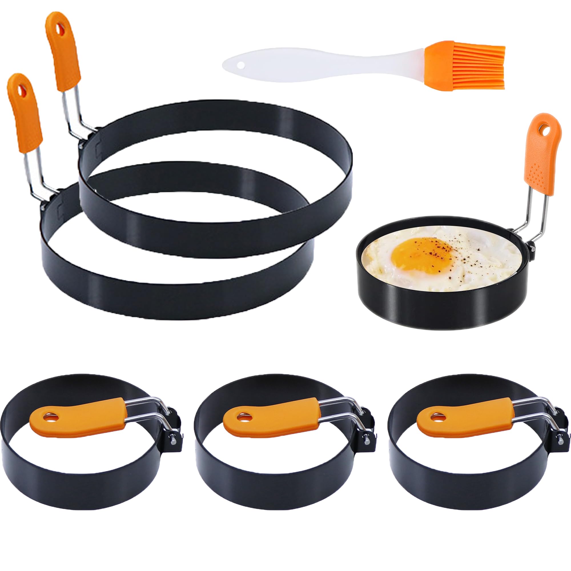 Photo 1 of 3.5" Egg Rings 6“ Pancake Mold with Silicone Handle, Round Mold for English Muffins - Griddle Cooking Shaper for Indoor Camping Breakfast Sandwiches w/Silicone Oil Brush set of 6 (4pcs 3.5"+2pcs 6")
