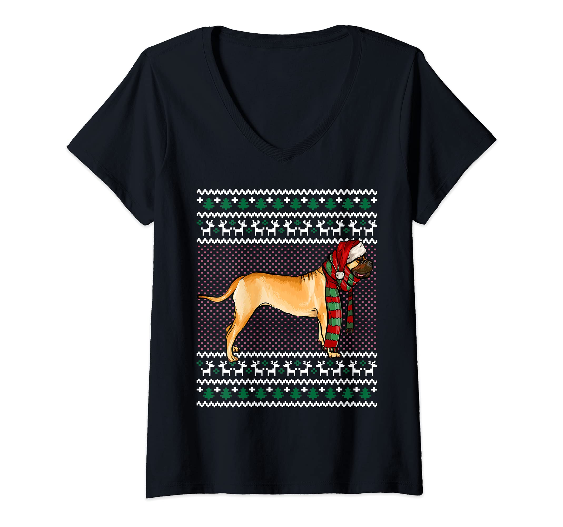 Womens Xmas Bullmastiff Dog Santa Hat Ugly Christmas V-Neck T-Shirt