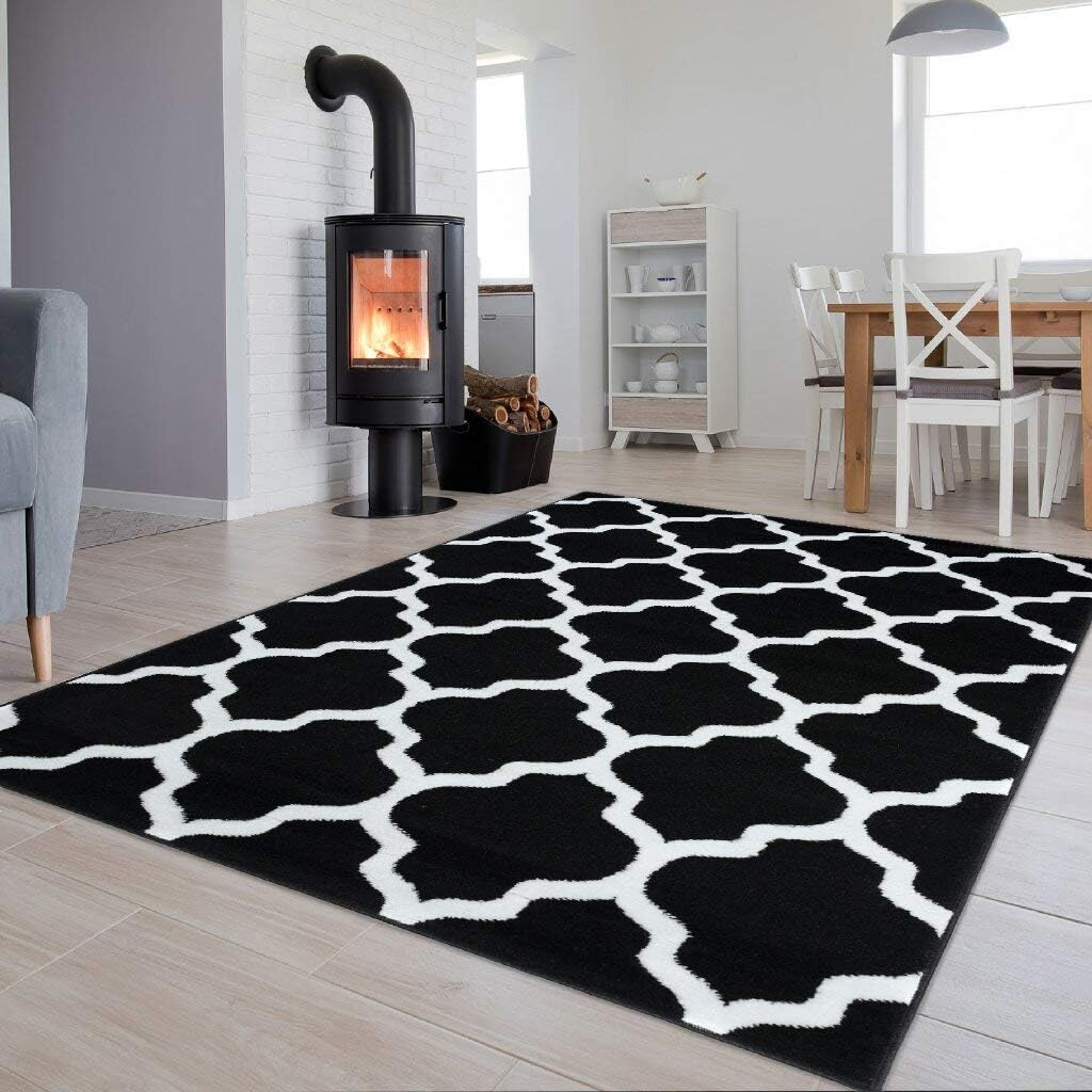 Tapiso Area Rugs Living Room Bedroom Trellis Black White Durable Modern Carpet Size - 140 x 200 cm (4ft7 x 6ft7)