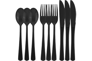 Kochorie 300 Pieces Black Plastic Silverware Heavy Duty Plastic Cutlery Set Heavyweight Disposable Flatware Includes Spoons Forks Knifes for Birthday Party Prom Night Wedding Dinner