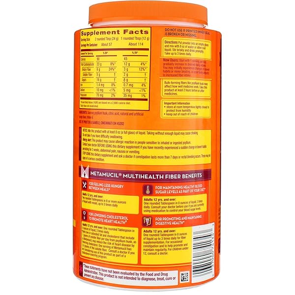 METAMUCIL PSYLLIUM FIBER SUPPLEMENT ORANGE SUGAR SMOOTH TEXTURE POWDER 114 DOSES 114DOS