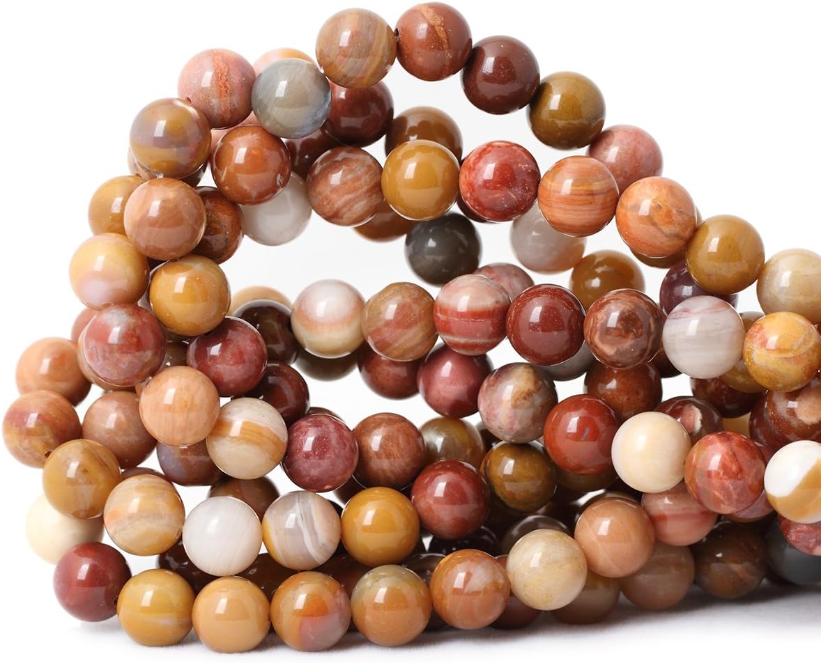 Qiwan Natural Round Loose Beads Jewelry Making DIY Bracelet Necklace Material 1 Strand 15 Inches (10mm, Natural Petrified Wood Jasper Gemstone)