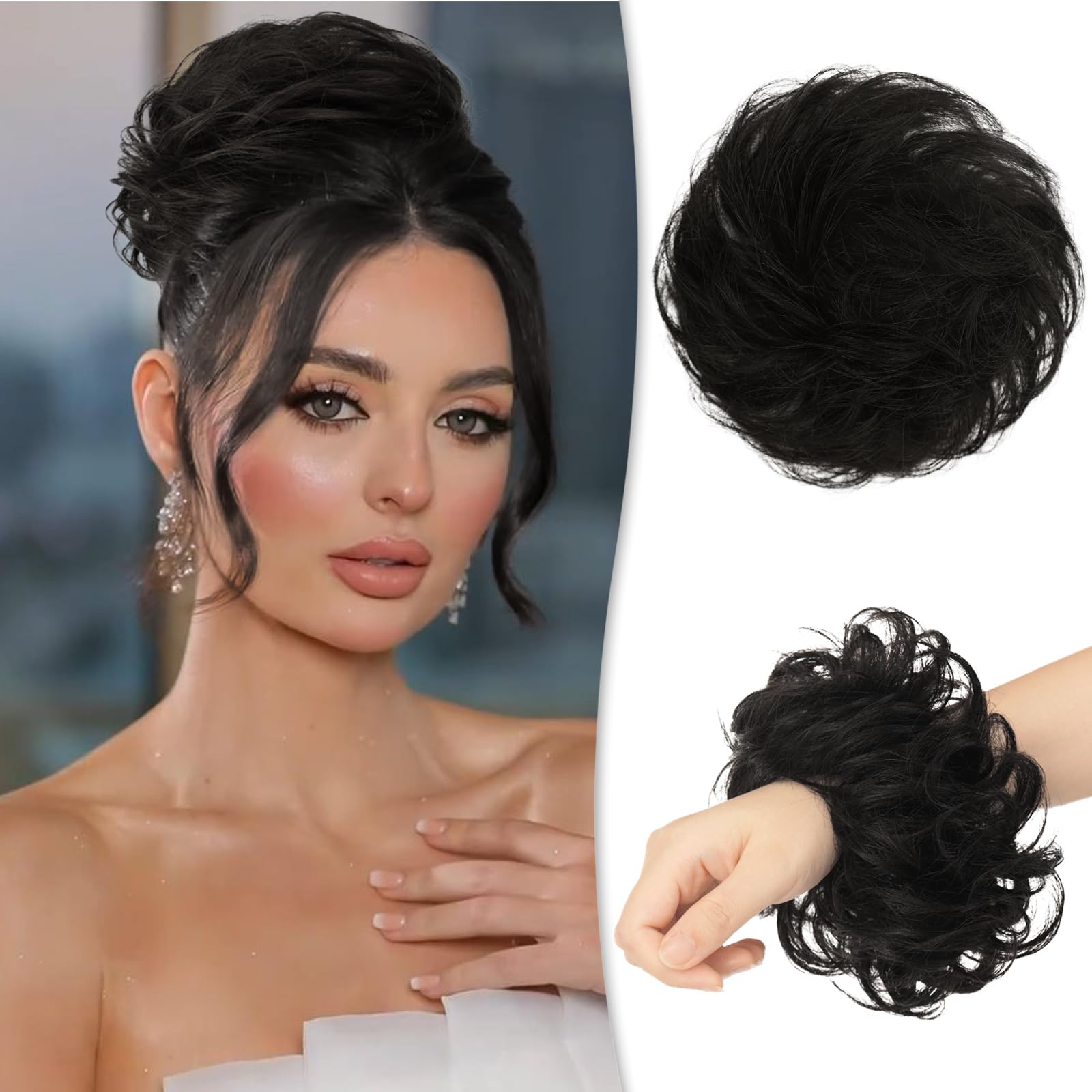 RUWISS Messy Bun Hair Piece 100% Human Hair Messy Rose Bun for Women Real Hair Scrunchies Updo Hairpieces Hair Chignon Extension（Natural Black） — image 1