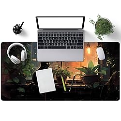 Black Cat Desk Mat Green Plants Desk Pad Anime