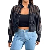 OYOANGLE Women's Plus Size Sheer Mesh Crop Bomber Jacket Lightweight Striped Long Sleeve Zip Up Outwear